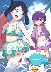 2girls absurdres alternate_hairstyle black_hair blue_eyes blush closed_eyes commentary_request dot_(pokemon) hair_ornament hair_over_eyes hairclip highres jacket liko_(pokemon) multicolored_hair multiple_girls nintendo ocean open_clothes open_jacket open_mouth pink_hair pokemon pokemon_(anime) pokemon_(creature) pokemon_horizons purple_eyes purple_hair quaxly short_hair short_twintails smile starter_pokemon_trio swimsuit toumei_4869 twintails