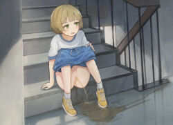 1girl absurdres anus blue_shorts blush censored cleft_of_venus clothes_pull female_focus green_eyes highres indoors loli mosaic_censoring navel on_stairs open_mouth original pee peeing pixiv_104798521 public_indecency puddle pussy shirt shoes shorts shorts_pull sitting socks solo stairs stairwell yellow_shoes