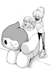 1boy 1girl bald bask_om commentary_request deux_murasame edobox full_body goggles greyscale gundam gundam_gquuuuuux highres mascot_costume mask monochrome mouth_mask sitting sweat updo very_sweaty