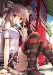 1girl animal_ear_fluff animal_ears bare_shoulders belt_boots black_boots boots bracelet brown_eyes cat_ears cat_tail day eating female_focus fingernails food frilled_legwear frilled_skirt frilled_sleeves frills from_below from_side green_panties hair_ornament hair_rings hair_scrunchie jewelry knee_boots light_brown_hair long_fingernails looking_at_viewer necktie original outdoors panties pantyshot popsicle red_necktie scrunchie sitting skirt sleeveless solo striped_clothes striped_legwear striped_thighhighs suien tail thighhighs two_side_up underwear vending_machine