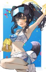 1girl absurdres animal_ears armpits black_hair blue_archive dog_ears dog_girl dog_tail eyewear_on_head facial_tattoo hibiki_(blue_archive) hibiki_(cheer_squad)_(blue_archive) highres holding holding_pom_poms looking_ahead navel official_alternate_costume official_alternate_hairstyle pom_pom_(cheerleading) pom_poms ponytail sakana_(whhy8883) shoes skirt solo sports_bra star_tattoo sunglasses tail tattoo white_shoes white_skirt white_sports_bra