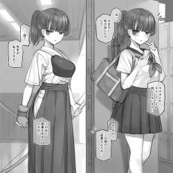 1girl archery arrow_(projectile) bag bow_(weapon) commentary_request feet_out_of_frame getabako gloves greyscale hakama hakama_skirt holding holding_arrow holding_bow_(weapon) holding_weapon japanese_clothes kyuudou looking_at_viewer mankai_kaika monochrome multiple_views muneate neckerchief original parted_lips pleated_skirt ponytail school_bag school_uniform serafuku single_glove skirt standing translation_request weapon yumi_(bow)