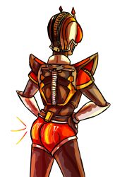 Rule 34 | 1boy, armor, ass, ass focus, belt, bodysuit, english text, facing away, hands on own hips, helmet, hotpants, kamen rider, kamen rider den-o, kamen rider den-o (series), male focus, mask, masked, masked male, red armor, short shorts, shorts, transparent background, zyngacat