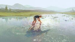 1boy black_hair black_shirt blue_sky bull chinese_commentary commentary_request day different_reflection from_side full_body grey_shorts hat highres lake male_focus moruki mountain original outdoors plaid_clothes plaid_shorts pulling reflection reflective_water shirt short_hair short_sleeves shorts sky solo t-shirt tree watermark weibo_watermark white_hat