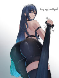 1girl ass ass_focus asymmetrical_clothes bare_shoulders blue_eyes blue_hair breasts cameltoe crossover from_behind from_below huge_ass large_breasts long_hair looking_at_viewer looking_back looking_down pants pov pulling raven_(stellar_blade) sideboob solo stellar_blade thick_thighs thighhighs thighs very_long_hair wiiriik