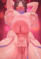 Rule 34 | 1futa, absurdres, arabian clothes, arms behind head, blush, breasts, brown hair, from below, full-package futanari, futanari, half-closed eyes, highres, large breasts, long hair, looking at viewer, mouth veil, parted lips, pasties, penis, pov, pukupukubu, purple eyes, pussy, testicles, veil