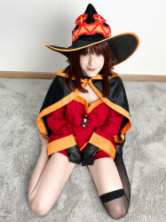 Rule 34 | 1girl, absurdres, asymmetrical legwear, barefoot, belt, belt collar, black cape, black gloves, black hat, black thighhighs, blunt bangs, brown hair, cape, collar, cosplay, cosplay photo, dress, full body, gloves, hat, highres, kneeling, kono subarashii sekai ni shukufuku wo!, lips, long hair, long sleeves, looking at viewer, looking up, megumin, megumin (cosplay), mismatched legwear, mole, on floor, orange trim, photo (medium), red dress, red eyes, rug, sidelocks, single thighhigh, smile, soles, solo, stelarhoshi, thighhighs, witch hat