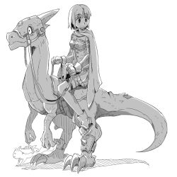 10s 1girl armband bad_id bad_pixiv_id cape creature dinosaur riding_dinosaur gloves greyscale hobbang kyubey magical_girl mahou_shoujo_madoka_magica mahou_shoujo_madoka_magica_(anime) miki_sayaka miki_sayaka_(magical_girl) monochrome reins riding short_hair smile tail thighhighs zettai_ryouiki