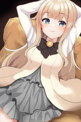 Rule 34 | 1girl, arms up, black bow, blonde hair, blue eyes, bow, bowtie, dress, grey dress, highres, kogetsu azami, long hair, long sleeves, princess (princess principal), princess principal, simple background, sitting, smile, solo