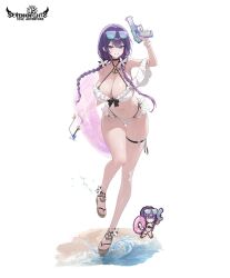 1girl bare_shoulders bikini biya_(1024) blue_eyes blush breasts cleavage eyewear_on_head full_body highres holding holding_water_gun large_breasts long_hair navel original parted_lips purple_hair seven_knights side-tie_bikini_bottom simple_background smile solo standing stomach sunglasses swimsuit thigh_strap thighs toes twin_brtaids water water_gun white_background white_bikini yuna_(biya_(1024))