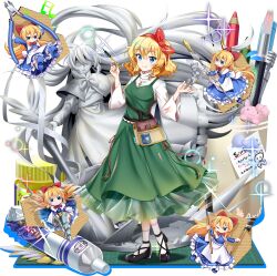 Rule 34 | 1girl, alice margatroid, alternate costume, bag, blonde hair, blue eyes, bow, bow hairband, closed mouth, clothing request, colored pencil, doll, game cg, hair bow, hairband, highres, holding, holding pliers, holding polearm, holding weapon, jewelry, lance, long sleeves, looking at viewer, musical note, official art, one eye closed, paint tube, paintbrush, pencil, pliers, polearm, puppet rings, red bow, red hairband, ring, rotte (1109), shanghai doll, shoes, smile, socks, solo, sparkle, statue, third-party source, tool request, touhou, touhou lostword, transparent background, weapon, white socks, wide sleeves