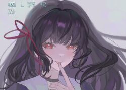 1girl black_choker black_hair chisa_(wuthering_waves) choker commentary english_commentary finger_to_tongue grey_background hair_ribbon highres long_hair looking_at_viewer oakspring1882 portrait red_eyes red_ribbon ribbon smile solo tongue tongue_out viewfinder wuthering_waves
