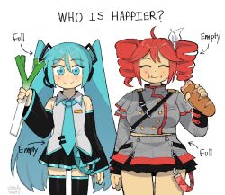 2girls :t ahoge aqua_eyes aqua_hair aqua_necktie aqua_trim arrow_(symbol) artist_name baguette belt belt_skirt black_skirt black_sleeve_cuffs black_sleeves black_thighhighs bread buttons closed_eyes closed_mouth cropped_jacket detached_sleeves double-breasted drill_hair eating english_text facing_viewer fatass_teto_(meme) food food_on_face grey_jacket grey_skirt hair_ribbon hatsune_miku headset highres holding holding_food jacket kasane_teto kasane_teto_(sv) layered_skirt light_blush long_hair looking_at_viewer medium_hair meme midriff_peek mitsuko_tan multicolored_skirt multiple_girls musical_staff musical_staff_print necktie number_tattoo pleated_skirt plump red_hair red_skirt red_trim ribbon shirt shoulder_belt shoulder_boards shoulder_tattoo skirt sleeveless sleeveless_shirt smile spring_onion standing synthesizer_v tattoo thighhighs twin_drills twintails utau very_long_hair vocaloid white_ribbon white_shirt