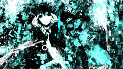 1girl abstract abstract_background black_eyes blue_necktie blue_theme detached_sleeves hair_between_eyes hands_up has_bad_revision hatsune_miku necktie parted_lips ruuya_higashino splatter vocaloid