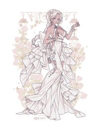 1girl bare_shoulders blue_eyes braid braided_ponytail breasts cleavage dark_skin dress earrings floral_background flower full_body jewelry lemon89h long_dress long_hair looking_at_viewer original parted_bangs rococo_movement smile solo standing very_long_hair white_dress white_flower white_hair
