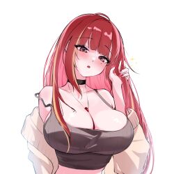 1girl :o absurdres akane_lize bare_shoulders black_choker blonde_hair blush breasts camisole choker cleavage colored_inner_hair crop_top grey_camisole grey_eyes head_tilt highres jewelry large_breasts long_hair looking_at_viewer mole mole_on_cheek mole_under_eye multicolored_hair necklace necklace_between_breasts pink_hair red_hair red_nails ribbed_camisole shawl simple_background solo sparkle stellive strap_slip streaked_hair twirling_hair upper_body very_long_hair virtual_youtuber white_background white_shawl yeomhwauranyum