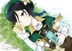 1boy absurdres androgynous beret black_hair blue_hair bow braid brooch cape character_name collared_cape collared_shirt corset english_text flower frilled_sleeves frills gem genshin_impact gradient_hair grass green_eyes green_hat hat hat_flower highres holding holding_flower holding_instrument huge_filesize instrument jewelry kurorin5 leaf long_sleeves lying lyre male_focus multicolored_hair on_back one_eye_closed shirt short_hair_with_long_locks signature smile solo twin_braids venti_(genshin_impact) white_flower white_shirt