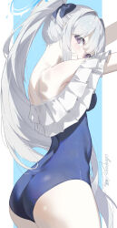 1girl artist_name ass bare_shoulders blue_archive blue_halo blue_one-piece_swimsuit blush bow breasts casual_one-piece_swimsuit closed_mouth dududu_(flying-corpses) frills from_behind grey_hair halo highres long_hair looking_at_viewer miyako_(blue_archive) miyako_(swimsuit)_(blue_archive) off-shoulder_one-piece_swimsuit off_shoulder official_alternate_costume one-piece_swimsuit ponytail purple_eyes simple_background small_breasts solo standing swimsuit very_long_hair
