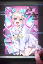 1girl amageek bow bowtie chouzetsusaikawa_tenshi-chan clip_studio_paint commentary_request copyright_notice full_body highres holding holding_stylus needy_girl_overdose nurimas pien_cat_(needy_girl_overdose) pink_background pov sailor_collar school_uniform serafuku shirt sign solo_focus stylus through_medium through_screen twintails umbrella_octopus warning_sign white_sailor_collar white_serafuku white_shirt yellow_bow yellow_bowtie