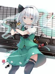 1girl aqua_eyes arms_up ascot black_ascot black_gloves black_thighhighs blunt_bangs bob_cut commentary contrapposto cropped_legs flower gloves green_skirt green_vest hair_ribbon highres holding holding_sword holding_weapon iyo_(ya_na_kanji) konpaku_youmu konpaku_youmu_(ghost) looking_at_viewer outdoors parted_lips poppy_(flower) ribbon scabbard sheath shirt short_hair short_sleeves shouji silver_hair skirt sliding_doors solo standing sword thigh_strap thighhighs touhou veranda vest weapon white_shirt