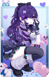1girl absurdres aegyo_sal aqua_trim arm_warmers asahina_mafuyu asymmetrical_clothes asymmetrical_legwear bag bandaged_arm bandages black_bag black_bow black_choker black_gloves black_nails black_shoes black_skirt bow choker cleavage_cutout clothing_cutout commentary_request cross cross-laced_clothes cross-laced_legwear crying crying_with_eyes_open ear_piercing earrings empty_eyes facial_mark fingerless_gloves fishnet_thighhighs fishnets from_side full_body glove_bow gloves green_bow hair_between_eyes hair_bow hair_ornament hairclip heart heart-shaped_bag heart-shaped_pupils heart_earrings heart_hair_ornament highres jewelry jishou_210 long_hair looking_at_viewer loose_socks miniskirt multicolored_nails nail_polish negai_wa_itsuka_asa_wo_koete_(project_sekai) official_alternate_costume open_mouth piercing pill ponytail project_sekai puffy_short_sleeves puffy_sleeves purple_arm_warmers purple_bow purple_eyes purple_hair purple_nails purple_thighhighs shoes short_sleeves shoulder_bag simple_background single_arm_warmer single_fishnet_legwear skindentation skirt socks solo squatting striped_arm_warmers stuffed_animal stuffed_rabbit stuffed_toy symbol-shaped_pupils tears thighhighs tongue white_socks x x_facial_mark x_hair_ornament yami_kawaii