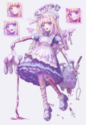 1girl @_@ apron backpack bag bandaged_leg bandages blonde_hair blood blue_dress blue_shoes bow closed_mouth dress flat_chest full_body gloves grin gurokawa halo hat heart highres holding holding_bag holding_stuffed_toy intestines lolita_fashion long_hair looking_at_viewer melting_halo multiple_expressions nurse_cap open_mouth original osobachan petticoat pill puffy_short_sleeves puffy_sleeves purple_eyes sharp_teeth shoes short_sleeves simple_background smile solo standing stitches stuffed_animal stuffed_rabbit stuffed_toy sweatdrop sweet_lolita syringe teeth white_apron white_background white_gloves yami_kawaii