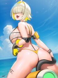 1girl 2025 absurdres ahoge arm_strap ass black_gloves blonde_hair blue_sky breasts brown_hair cloud colored_inner_hair commentary cumulonimbus_cloud day dimples_of_venus elegg_(boom_and_shock)_(nikke) elegg_(nikke) fang from_side gloves goddess_of_victory:_nikke hair_intakes hair_over_eyes hichi highres large_breasts leg_tattoo looking_at_viewer mole mole_on_breast multicolored_hair ocean official_alternate_costume open_mouth outdoors purple_eyes short_hair signature sky slingshot_swimsuit smile solo swimsuit tattoo turning_head two-sided_gloves two-tone_gloves two-tone_hair watch water water_drop wet wristwatch yellow_gloves yellow_slingshot_swimsuit