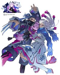 1boy 2girls artist_name black_eyes blue_hair citlali_(genshin_impact) closed_eyes facial_mark genshin_impact grandaloe hand_up highres instagram_logo instagram_username itzpapa_(genshin_impact) long_hair long_sleeves looking_at_viewer multicolored_hair multiple_girls one_eye_closed personification pink_hair red_eyes role_reversal simple_background stuffed_toy two-tone_hair v white_background white_hair