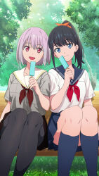 2girls :d archived_source bench black_hair black_pantyhose blue_eyes blue_sailor_collar blue_skirt blue_socks brown_skirt closed_mouth feet_out_of_frame food game_cg grey_shirt grid_print gridman_universe highres holding holding_food holding_popsicle kneehighs long_hair looking_at_viewer multiple_girls neckerchief official_art on_bench open_mouth outdoors pantyhose pink_hair pleated_skirt ponytail popsicle red_eyes red_neckerchief sailor_collar school_uniform serafuku shinjou_akane shirt short_hair short_sleeves sitting skirt smile socks ssss.gridman takarada_rikka third-party_source tree white_sailor_collar white_shirt