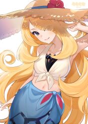 1girl abe_(kumayu) blonde_hair collarbone commentary_request curly_hair cynthia_(pokemon) cynthia_(summer_2025)_(pokemon) eyelashes flower grey_eyes grin hair_over_one_eye hand_up hat hat_flower head_tilt highres long_hair navel nintendo official_alternate_costume pokemon pokemon_masters_ex sarong shirt sleeveless sleeveless_shirt smile solo teeth tied_shirt white_background yellow_hat
