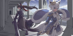 2girls absurdres ahoge animal_ear_fluff animal_ears armor black_armor black_hair blue_cape blue_jacket braid breasts cape commentary_request earrings epaulettes floating_hair fox_ears fox_girl fox_tail fur-trimmed_cape fur_trim gloves green_eyes hair_between_eyes highres holding holding_sword holding_weapon hololive indoors jacket jewelry knight kurokami_fubuki long_hair looking_at_viewer looking_back medium_breasts multicolored_hair multiple_girls pentagram red_eyes red_hair shirakami_fubuki shirakami_fubuki_(fbkingdom) sidelocks single_braid skirt sss-31655986 streaked_hair sword tail virtual_youtuber weapon white_gloves white_hair white_skirt