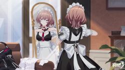 1girl apron bad_link bandages black_choker bow brown_hair choker copyright_logo couch earrings hair_between_eyes heart heart_hands highres honkai_(series) honkai_impact_3rd indoors jewelry lantern_(honkai_impact) looking_at_mirror maid maid_headdress mirror necktie official_alternate_costume official_art official_wallpaper plant red_necktie reflection reluctant shirt solo striped_clothes striped_shirt sunlight variant_set white_apron