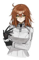 1girl ahoge black_gloves blush breasts chaldea_logo command_spell fate/grand_order fate_(series) fujimaru_ritsuka_(female) fujimaru_ritsuka_(female)_(decisive_battle_chaldea_uniform) gloves highres looking_at_viewer medium_breasts orange_eyes orange_hair shirt short_hair solo tokoni_fusu white_shirt