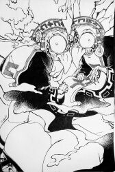 2girls evil_grin evil_smile fingernails fire forehead_jewel greyscale grin highres ice kandori_makoto kotake_(zelda) koume_(zelda) long_fingernails looking_at_viewer monochrome multiple_girls nintendo siblings sisters smile smoke tabard the_legend_of_zelda the_legend_of_zelda:_ocarina_of_time twinrova twins
