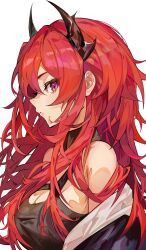 1girl arknights bare_shoulders black_dress breasts commentary demon_girl demon_horns dress from_side highres horns long_hair looking_at_viewer looking_to_the_side parted_lips purple_eyes ramboo red_hair simple_background solo surtr_(arknights) upper_body white_background