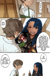 Rule 34 | 1boy, 1girl, black hair, black jacket, brand name imitation, brown hair, burnout revenge, can, classroom, commentary, dark-skinned female, dark skin, down jacket, drink can, dvd case, english commentary, english text, fangs, glasses, hachiouji naoto, hair ornament, hairclip, haraya manawari, highres, ijiranaide nagatoro-san, indoors, jacket, long hair, nagatoro hayase, shirt, short hair, smiling friends, soda can, speech bubble, tan, teeth, white shirt