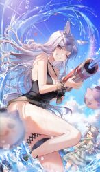 Rule 34 | &gt; &lt;, 2girls, absurdres, animal ears, black one-piece swimsuit, blue sky, breasts, cleavage, cloud, collarbone, day, dress, eyewear on head, gold ship (run revolt launcher) (umamusume), gold ship (umamusume), grey hair, gz (gyoju), highres, holding, holding water gun, horse ears, horse girl, horse tail, large breasts, long hair, looking at viewer, mejiro mcqueen (ripple fairlady) (umamusume), mejiro mcqueen (umamusume), multiple girls, one-piece swimsuit, one eye closed, outdoors, purple eyes, sky, smile, summer, sunglasses, swimsuit, tail, umamusume, water, water gun, wet, white dress