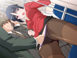 1girl 3boys blue_panties blush chikan chikan_sharyou_ichigousha fingering game_cg groping hand_in_panties indoors molestation multiple_boys nylons open_mouth panties subway train underwear