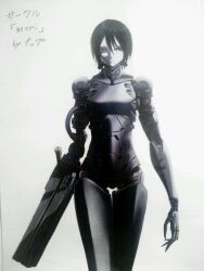 Rule 34 | 1girl, android, arm cannon, black hair, blame!, closed mouth, cyborg, full body, graviton beam emitter, greyscale, highres, joints, looking at viewer, monochrome, pale skin, red eyes, robot joints, ryuji (red-truth), safeguard (blame!), sanakan, short hair, simple background, solo, weapon, white background