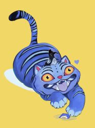 Rule 34 | absurdres, animal focus, bird, commentary, crow, derpy (kpop demon hunters), english commentary, heart, highres, kpop demon hunters, lying, muune art, no humans, open mouth, sussie (kpop demon hunters), tiger, yellow background, yellow eyes