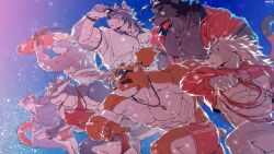 5boys abs absurdres animal_ears artist_name bad_id bad_twitter_id bara blue_sky cartuja_(epic_seven) claws dog_boy dog_ears epic_seven furry furry_male highres jecht_(epic_seven) jumping male_focus mucacha_(epic_seven) multiple_boys multiple_forms muscular muscular_male panther_boy panther_ears panther_tail pectorals purrgis_(epic_seven) roozid_(epic_seven) sky tail topless_male wasp_(anthyutena) wolf_boy wolf_ears wolf_tail
