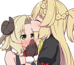 2girls absurdres aizawa_azusa black_dress black_gloves black_robe blonde_hair blush braid closed_mouth covering_own_mouth demon_girl demon_horns dress full-face_blush fur-trimmed_collar fur-trimmed_gloves fur_trim gloves green_eyes hair_between_eyes hand_blush highres horns juliet_sleeves kiss kissing_forehead long_hair long_sleeves miruzawa_akechi multiple_girls provato_pecora_aries puffy_sleeves red_ribbon ribbon robe short_hair simple_background slime_taoshite_300_nen_shiranai_uchi_ni_level_max_ni_nattemashita upper_body very_long_hair white_background yuri