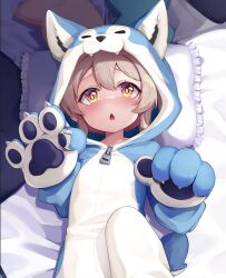 1girl ahoge animal_costume animal_ears animal_hands blonde_hair blush breasts brown_eyes cosplay cuddly_octopus dakimakura_(medium) embarrassed flat_chest gloves kigurumi nyatrix onii-chan_wa_oshimai! oyama_mahiro paw_gloves paw_pose pillow small_breasts solo tail zipper