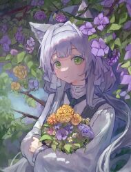 Rule 34 | 1girl, absurdres, arknights, bouquet, branch, closed mouth, commentary, flower, green eyes, grey hair, grey hairband, grey shirt, hair intakes, hairband, highres, holding, holding bouquet, light smile, long sleeves, looking at viewer, mumu millhayes, orange flower, pink flower, plant, purple flower, rosmontis (arknights), shirt, solo, turtleneck, upper body, white flower, yellow flower