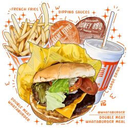 bread burger cheese cup disposable_cup drinking_straw fast_food food food_focus food_name french_fries lettuce meat original sauce_packet studiolg tomato tomato_slice white_background
