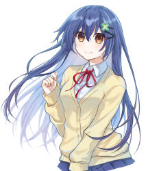 1girl blue_hair blue_skirt breasts brown_eyes cardigan clover_hair_ornament collared_shirt date_a_live genderswap genderswap_(mtf) hair_ornament highres itsuka_shido itsuka_shiori long_hair long_sleeves looking_at_viewer medium_breasts neck_ribbon pleated_skirt raizen_high_school_uniform ribbon satsuki_nanoka_(user_zfcv4284) school_uniform shirt skirt smile solo textless_version white_background white_shirt yellow_cardigan