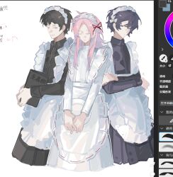 3boys alternate_costume apron art_program_in_frame black_dress black_eyes black_hair bow brown_eyes chinese_commentary chinese_text closed_mouth collared_dress commentary_request crossdressing crossed_arms dress enmaided exe-dream hair_bow hair_ribbon harada_minoru hatsutori_hajime holding holding_menu holding_plate long_sleeves magma_(medium) magma_(software) maid maid_headdress male_focus male_maid menu multiple_boys plate red_ribbon ribbon saibou_shinkyoku short_hair simple_background smile translation_request trap utsugi_noriyuki white_apron white_background white_bow white_dress