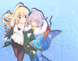 2girls ^_^ back_bow black_bow black_bra black_pantyhose black_scrunchie black_shorts blonde_hair blue_background blue_flower blue_kimono blue_rose bow bra buttons casual closed_eyes closed_mouth collarbone commentary_request dot_nose feet_out_of_frame floating_clothes floral_background flower frilled_kimono frilled_sleeves frills frown fur-trimmed_jacket fur_scarf fur_trim gloves green_jacket grey_hair hair_between_eyes hair_bun hair_flower hair_intakes hair_ornament hair_scrunchie happy haregi high_ponytail highres holding_another&#039;s_arm jacket japanese_clothes kimono large_bow light_blush light_particles long_hair long_sleeves magia_record:_mahou_shoujo_madoka_magica_gaiden mahou_shoujo_madoka_magica multiple_girls nervous official_alternate_costume open_clothes open_jacket orange_bow pantyhose petals pink_eyes pom_pom_(clothes) pom_pom_hair_ornament ponytail red_ribbon ribbon rose rose_petals scarf scrunchie shadow shirt short_hair shorts single_side_bun sleeves_past_wrists smile striped_bow sweatdrop sweater_jacket tareme togame_momoko ultimate_magnum underwear very_long_hair waist_bow walking wavy_hair white_gloves white_scarf white_shirt wide_sleeves winter_clothes yakumo_mitama yakumo_mitama_(haregi_ver.) yuri