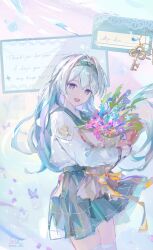 1girl absurdres bouquet checkered_clothes checkered_skirt firefly_(honkai:_star_rail) firefly_(spring_missive)_(honkai:_star_rail) flower gradient_eyes green_pupils grey_hair grey_hairband grey_sailor_collar hair_between_eyes hair_intakes hairband highres holding holding_bouquet holding_flower honkai:_star_rail honkai_(series) key letter long_hair luta_(luta_1013) multicolored_eyes open_mouth pleated_skirt sailor_collar shirt skirt smile solo teeth two-tone_eyes upper_teeth_only white_shirt