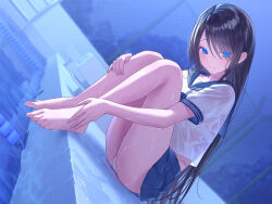 1girl barefoot black_hair blue_eyes blue_sailor_collar blue_skirt blurry blurry_background bra bra_visible_through_clothes chain-link_fence closed_mouth feet fence hair_between_eyes highres jfjf knees_up long_hair looking_at_viewer night original outdoors panties pleated_skirt pool pool_ladder poolside sailor_collar school_uniform shirt short_sleeves sitting skirt smile solo thighs toes tree underwear variant_set wet wet_clothes wet_shirt white_bra white_panties white_shirt
